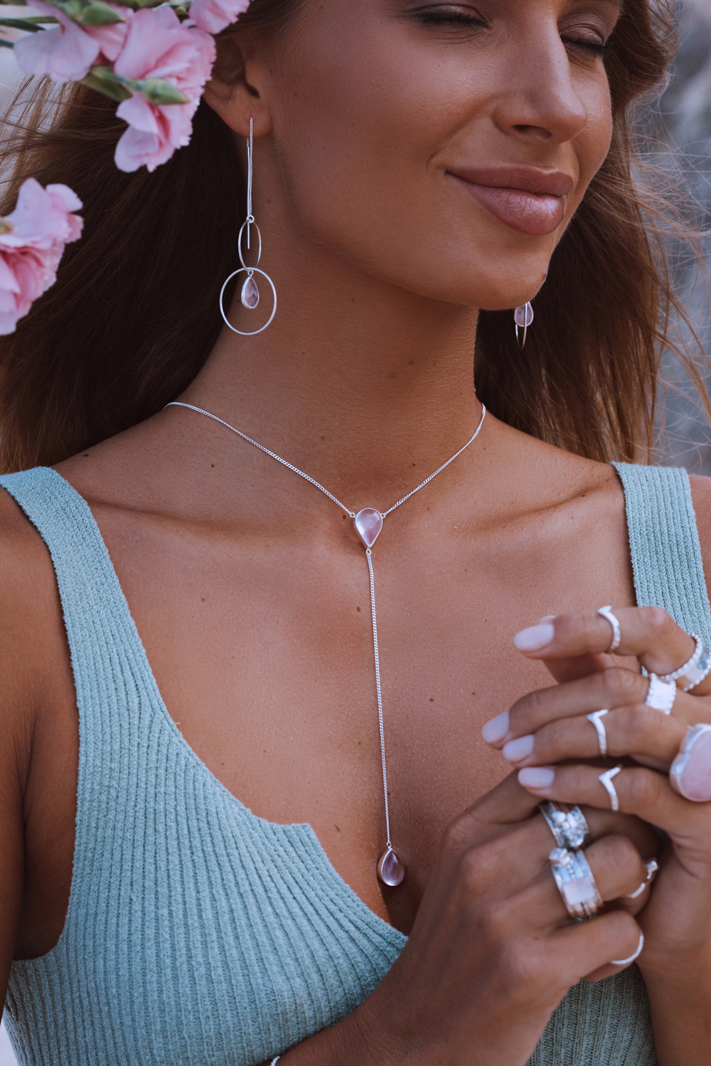 Колье «Дуо» с розовым кварцем