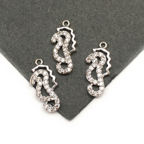 Подвеска "Морской конек" с фианитами 15х6 мм, родий