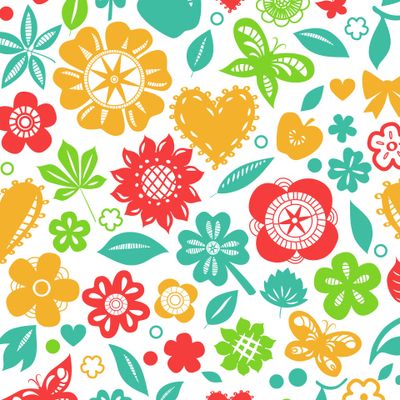 Яркие цветы и бабочки на белом