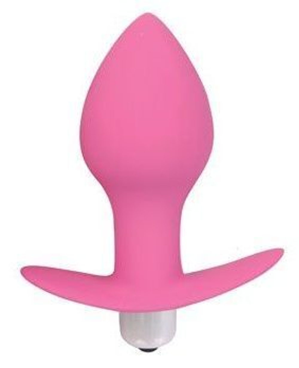 Розовая коническая анальная вибровтулка с ограничителем - 8 см