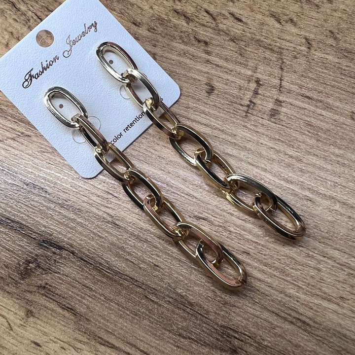 Серьги "Цепи" 7 звеньев плетение якорное овал плоский широкий металл золотистый розовый 9 см