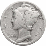 1 дайм (10 центов) 1936. США F- (Меркурий) Серебро