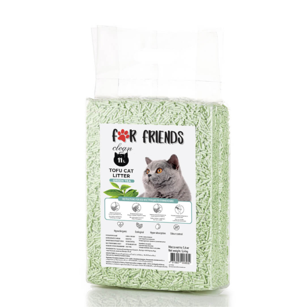 Наполнитель FOR FRIENDS Tofu Green Tea комкующийся, с ароматом зеленого чая - 11 л