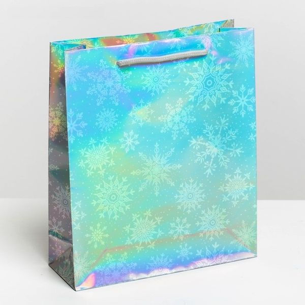 Пакет подарочный голография вертикальный «Снежинки», ML 23 x 27 × 8 см