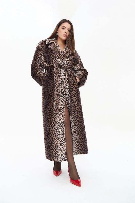 Шуба из овчины на трикотажной основе длинная, леопард