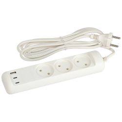 Удлинитель электрический ЭРА U-3-3m-USB-W 3 розетки + 3xUSB A+C 3м 10А белый | Бытовые удлинители