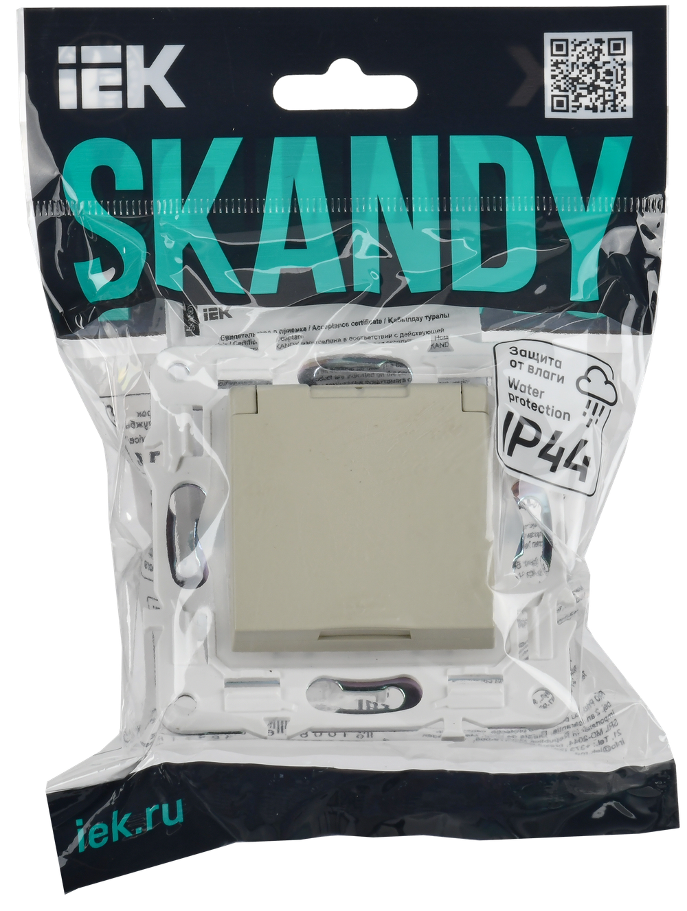 SKANDY Розетка 1-местная с заземлением с защитными шторками и крышкой 16А IP44 SK-R11B бежевый IEK