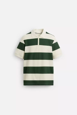 ZARA ПОЛО С ЗАСТЕЖКОЙ-МОЛНИЕЙ, БЕЛЫЙ/ЗЕЛЕНЫЙ