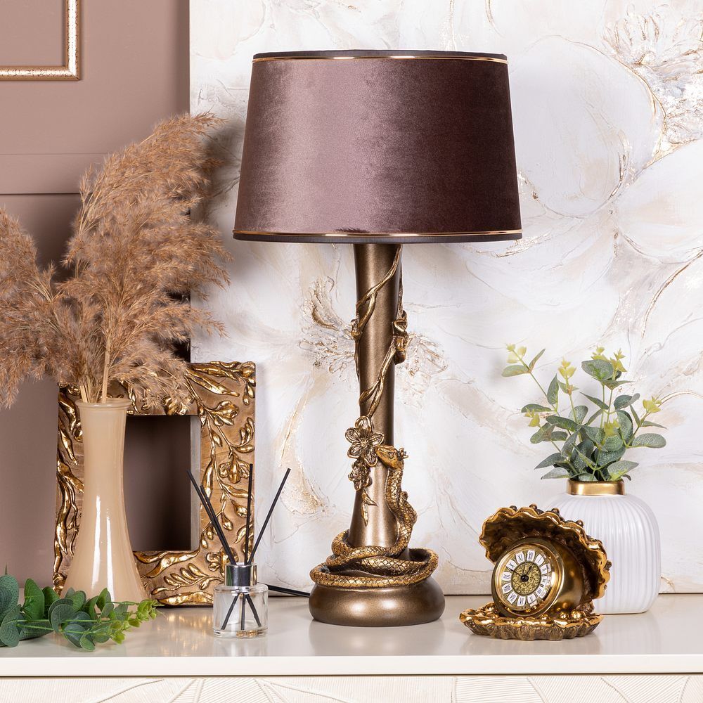 Настольная лампа Змея Катари Бронза с абажуром Тюссо Кофе