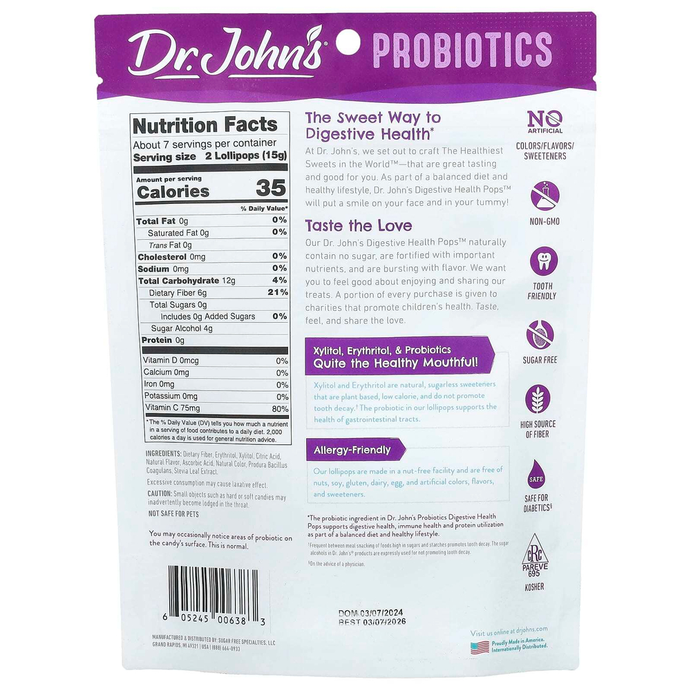 Dr. John's Healthy Sweets, Probiotics, Digestive Health Pops ™, + клетчатка и витамин C, клубника, персик и яблоко, 14 леденцов на палочке в индивидуальной упаковке, 109 г (3,85 унции)