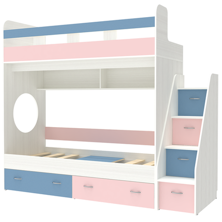 Двухъярусная кровать КарИВи Юниор 1 80х190 Белое Дерево Голубой, Розовый