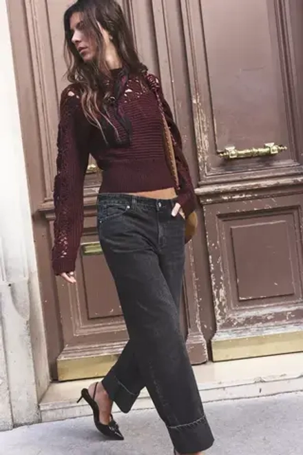 ZARA ДЖИНСЫ Z1975 STRAIGHT С ВЫСОКОЙ ПОСАДКОЙ И ОТВОРОТАМИ, ЧЕРНЫЙ