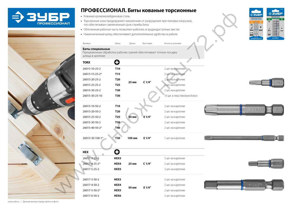 ЗУБР ЭКСПЕРТ HEX 3, 25 мм, 2 шт., Торсионные биты (26017-3-25-2)