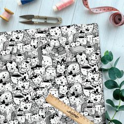 Ткань атлас чёрно-белые котики в виде посуды