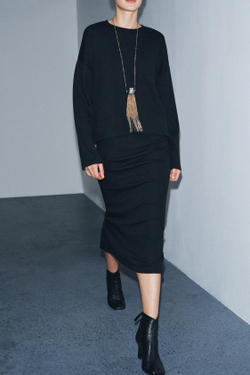 ZARA ЮБКА МИДИ ИЗ МЯГКОЙ ТКАНИ, ЧЕРНЫЙ МЕЛАНЖ