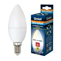 LED-C37-6W-WW+NW-E14-FR PLB01WH Лампа светодиодная. Форма свеча. матовая. Серия Bicolor. Теплый белый свет Белый свет. Картон. ТМ Uniel.