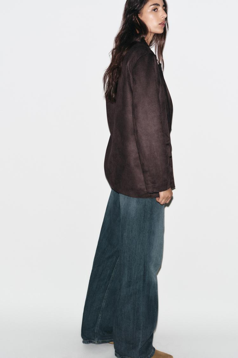 ZARA БЛЕЙЗЕР ИЗ ИСКУССТВЕННОЙ ЗАМШИ, КОРИЧНЕВЫЙ