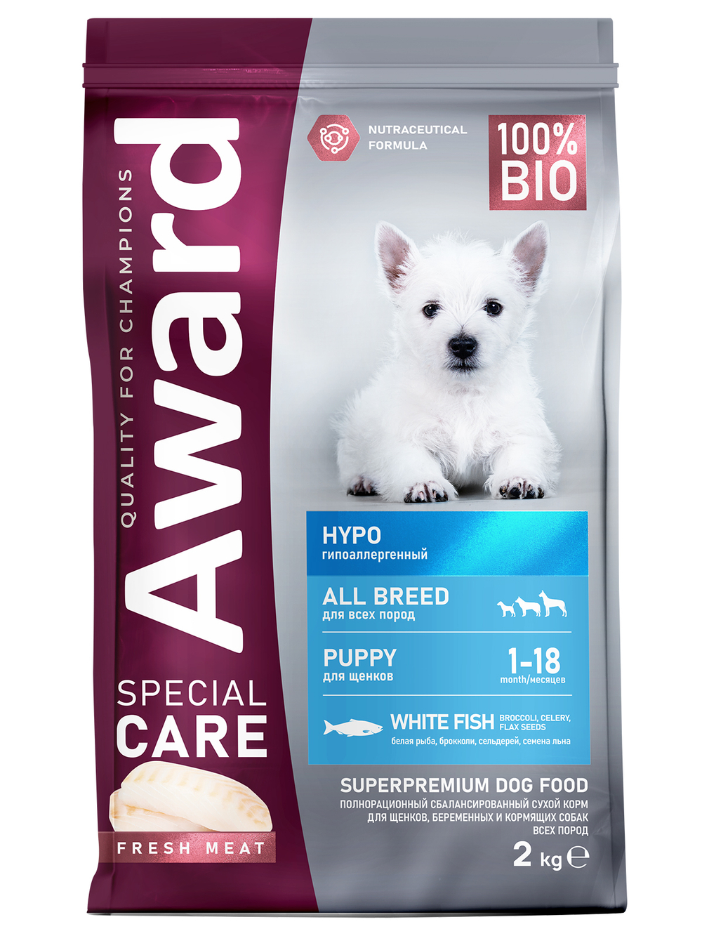 Сухой корм AWARD SPECIAL CARE HYPO PUPPY со свежей белой рыбой для щенков от 1 мес., беременных и кормящих собак всех пород, склонных к аллергии