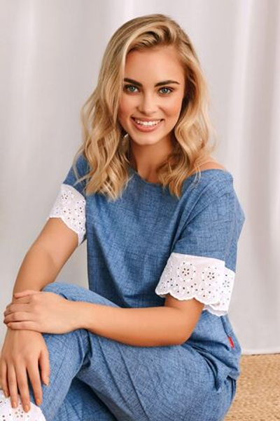 Пижама из хлопкового полотна с кружевной отделкой (Размер: S) (Цвет: синий)