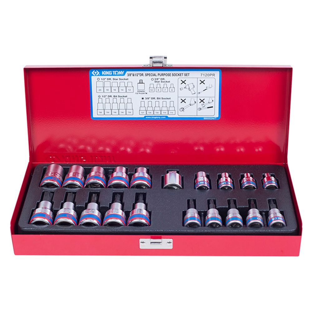 KING TONY (7120PR) Набор торцевых насадок и головок 1/2"&3/8", TORX, Е6-Е20, Т10-Т55, 20 предметов
