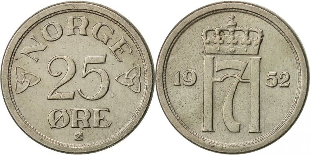 Норвегия 25 эре, 1952 - 1957 Король Хокон VII XF