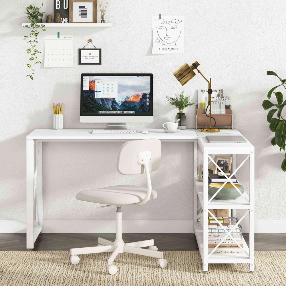 Компьютерный стол с полками Tribesigns,  L-образный угловой, Цвет:белый