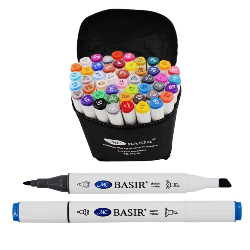 Маркер для скетчинга, двусторонние, Basir, трёхгранные, 13 мм, спиртовые, 48 шт