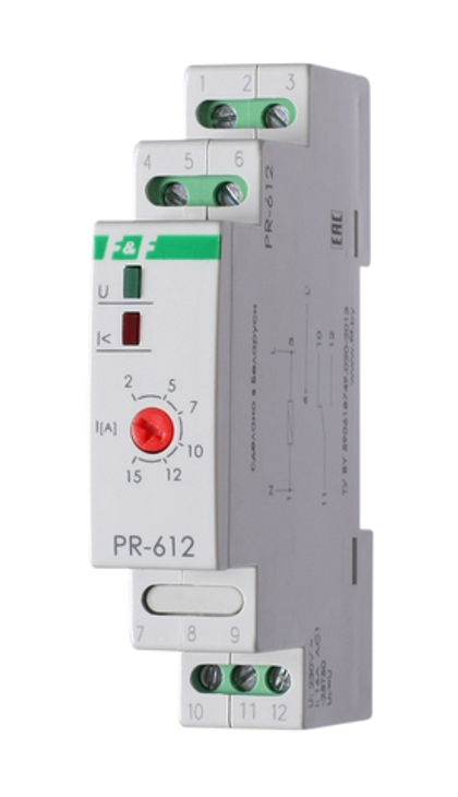 Реле контроля тока PR-612 230В AC 16А 1перекл (диапазон измер-я тока 2-15А) IP20