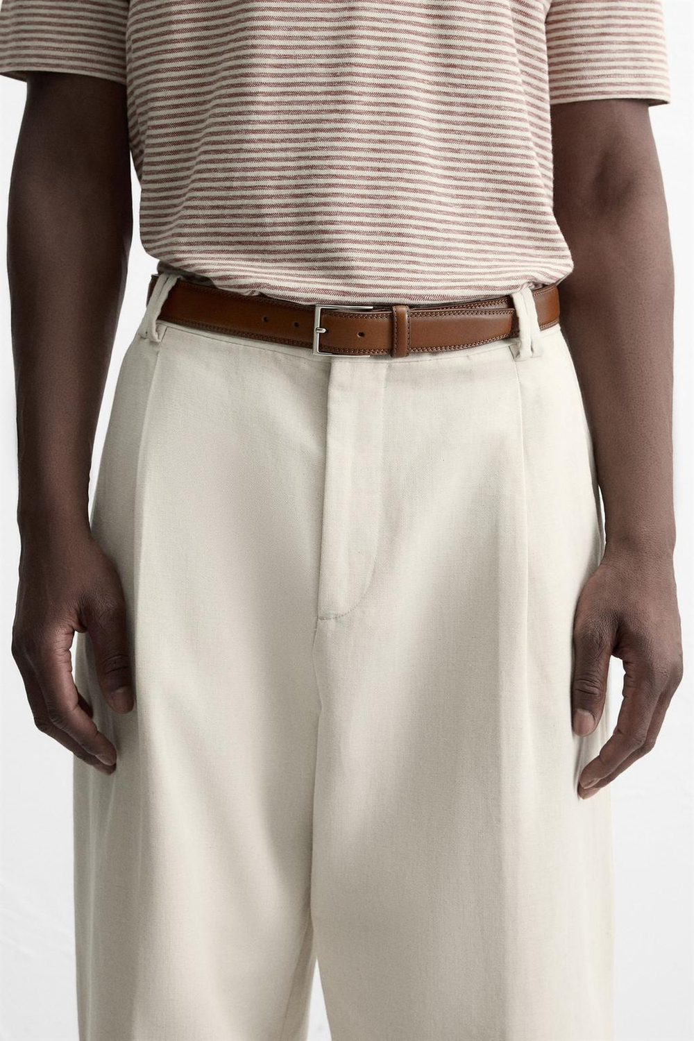 ZARA КОЖАНЫЙ РЕМЕНЬ С ДЕКОРАТИВНОЙ СТРОЧКОЙ, КАШТАНОВЫЙ