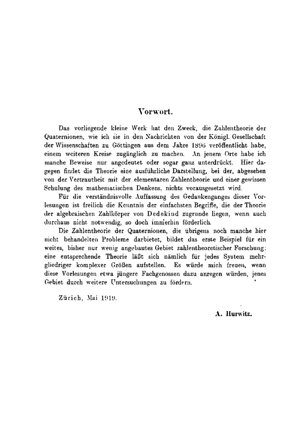 Vorlesungen über die Zahlentheorie der Quaternionen | Adolf Hurwitz