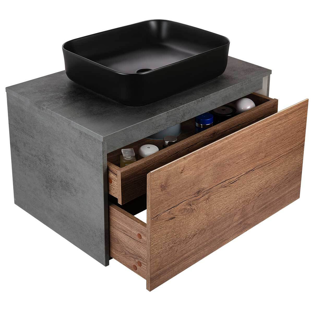 База под накладную раковину Mesa 800 подвесная, 1 выкатной/1 скрытый ящик soft close, T.Oak + Beton