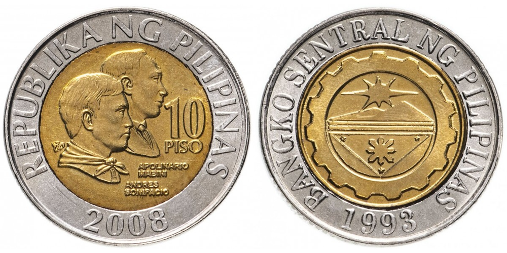 Филиппины 10 писо, 2000-2017 Андрес Бонифасио и Аполинарио Мабини XF
