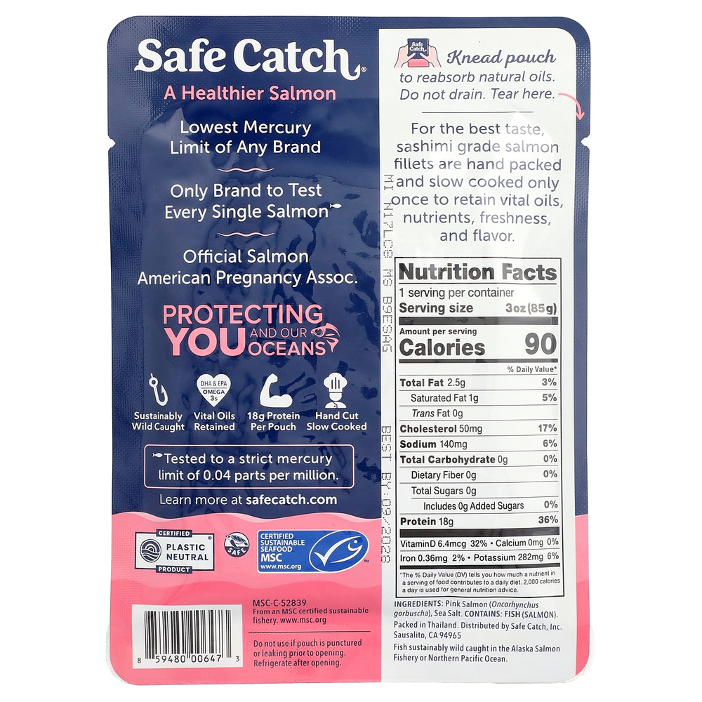 Safe Catch, дикий тихоокеанский розовый лосось, без кожи и костей, 85 г (3 унции)