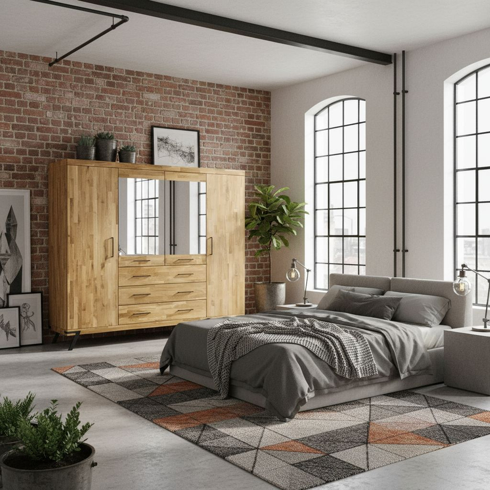 Шкаф для одежды 240х62х190, Флеверс, распашной для одежды, массив дуба, 4 двери 3 ящика, на металлических ножках, Dipriz