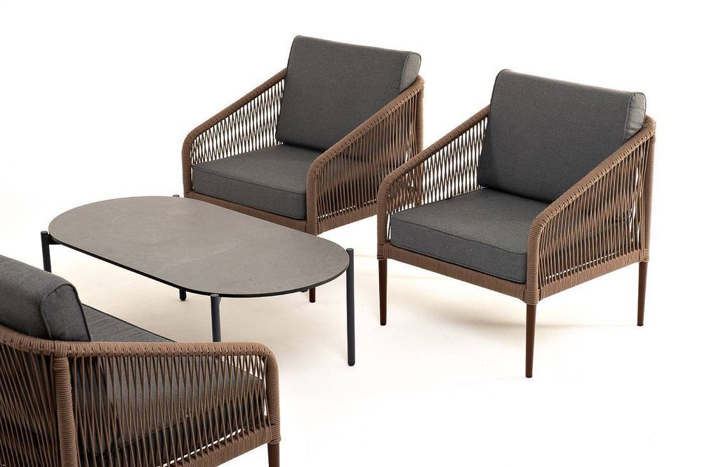 "Канны" лаунж-зона 4-местная из роупа со столом "Верона" (серый гранит), каркас алюминиевый коричневый, роуп коричневый