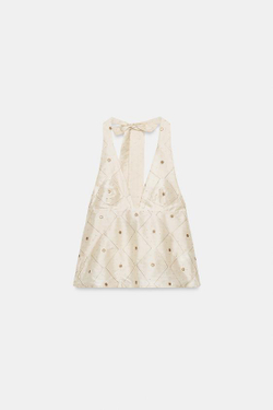 ZARA ТОП ИЗ ТАФТЫ С ВЫШИВКОЙ И ЗЕРКАЛАМИ, КРЕМОВЫЙ