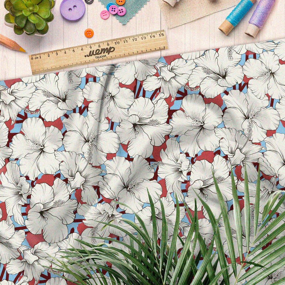 Ткань таффета белые пышные цветы на голубом фоне