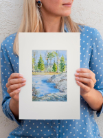 Картина авторская акварельная в паспарту 21х30 см на стену для интерьера "Утро 8 марта"