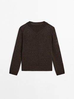 Massimo Dutti Свитер с V-образным вырезом из смесового хлопка, шоколадный