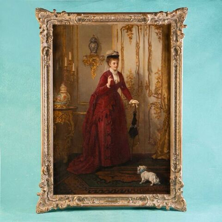 Винтаж: Антикварная картина «Осторожно! (Барышня с собакой)»