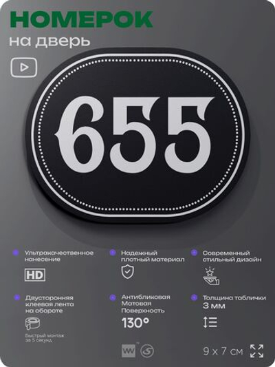 Номерок на дверь квартиры 655, для кабинета, офиса, шильдик 9 х 7 см, черный, Айдентика Технолоджи