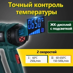Строительный фен/Промышленный фен 2000 Вт, 60-650 градусов, бесступенчатая регулировка температуры,С дисплеем, 4 насадки