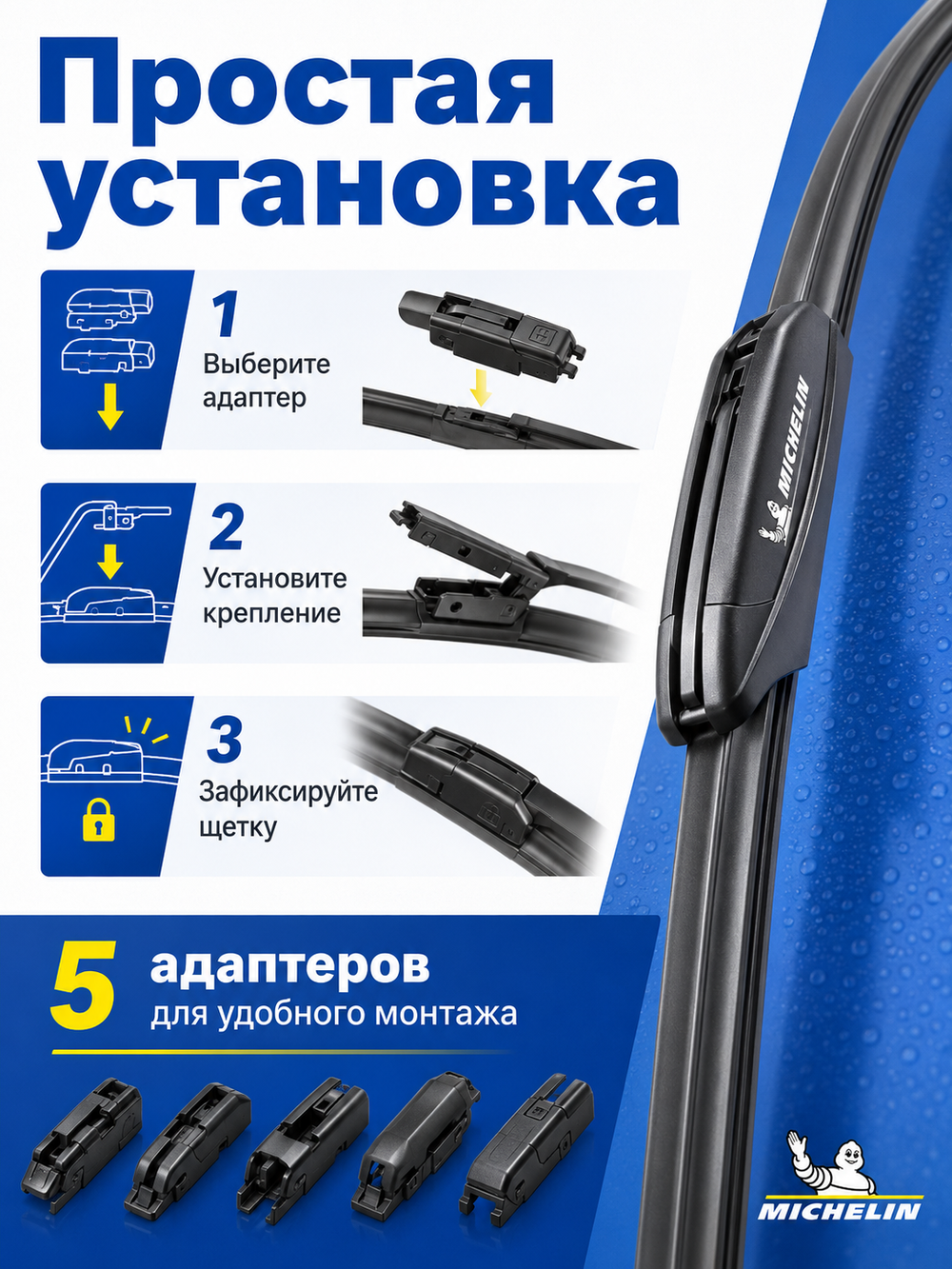 Щетка стеклоочист. Michelin бескаркасн. 53см (5 адапт.)