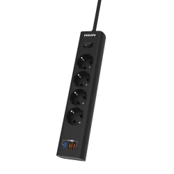 Сетевой фильтр удлинитель Philips CHP8246BA/51 с четырьмя стандартными розетками EU, 2 USB-A, Type-C, с заземлением и защитой от перегрузок, 2 м, черный