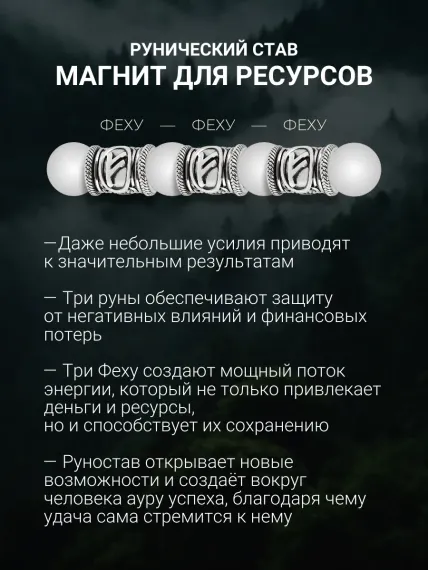 Браслет Денежный магнит из натурального камня гранат с тремя рунами Феху из серебра 925