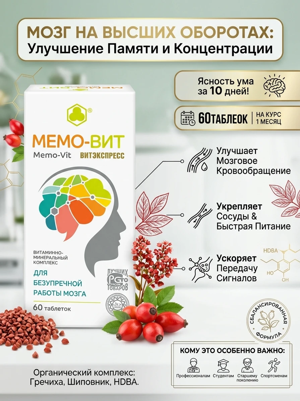 Мемо-Вит (Мемовит), №60 таб. 505 мг. Отличная память и защита от инсульта