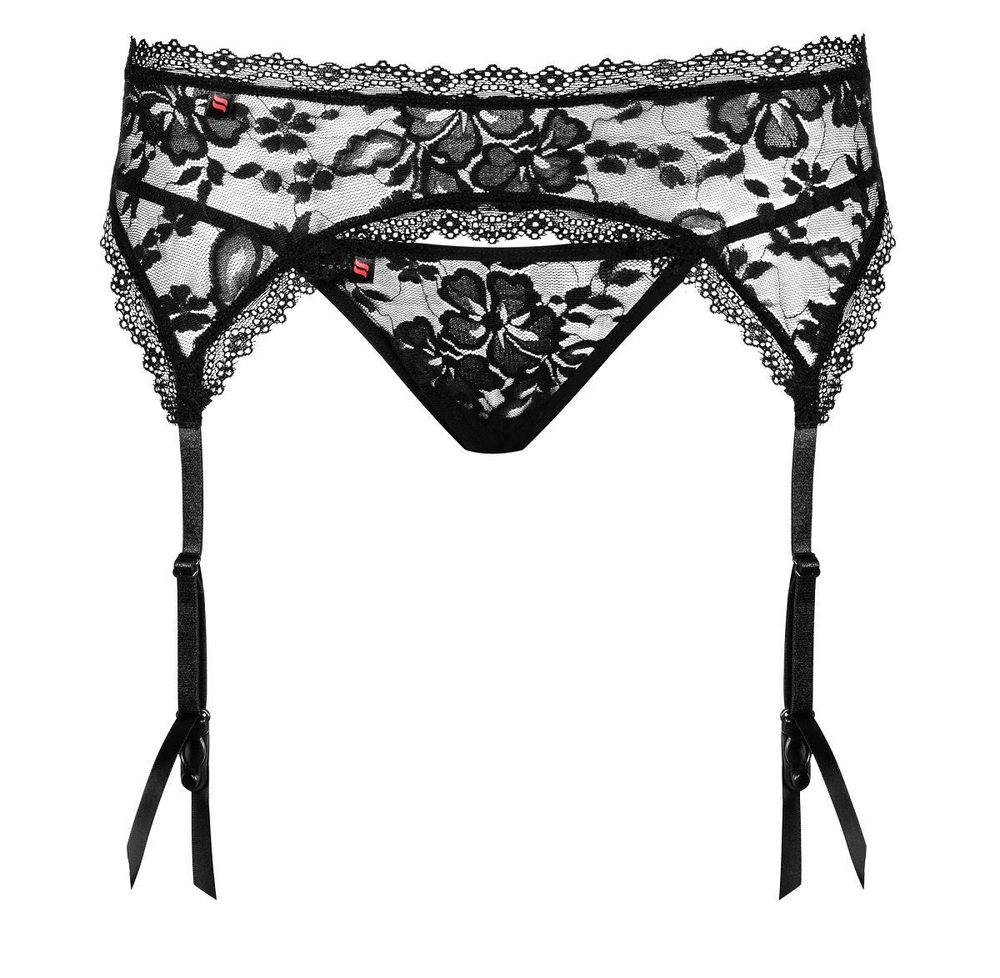 Кружевной пояс для чулок Catia в комплекте с трусиками-стрингами (Размер: XXL) (Цвет: черный)