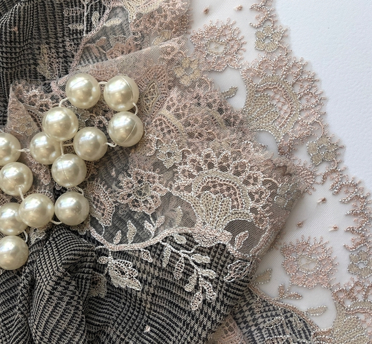 Тесьма сетка с вышивкой, черный/беж, 23см, принт