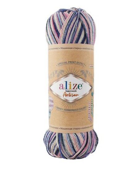 Суперваш артисан (Superwash artisan) пряжа Alize 75%шерсть 25%полиамид 5х100г/420м 9004 белый-розовый-голубой-т.синий