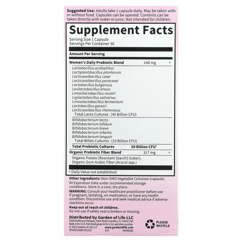 Garden of Life, Dr. Formulated Probiotics, пробиотики, одна таблетка в день для женщин, 30 вегетарианских капсул
